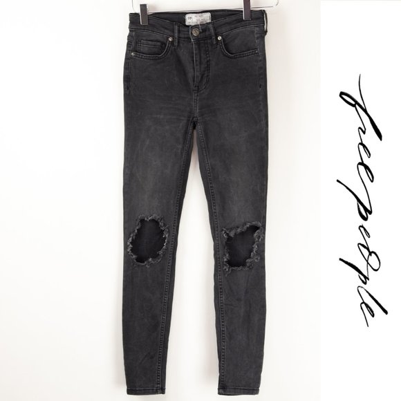 Free People Denim - Free People Busted Skinny Jeans High Waist Denim Distressed Black Size 25